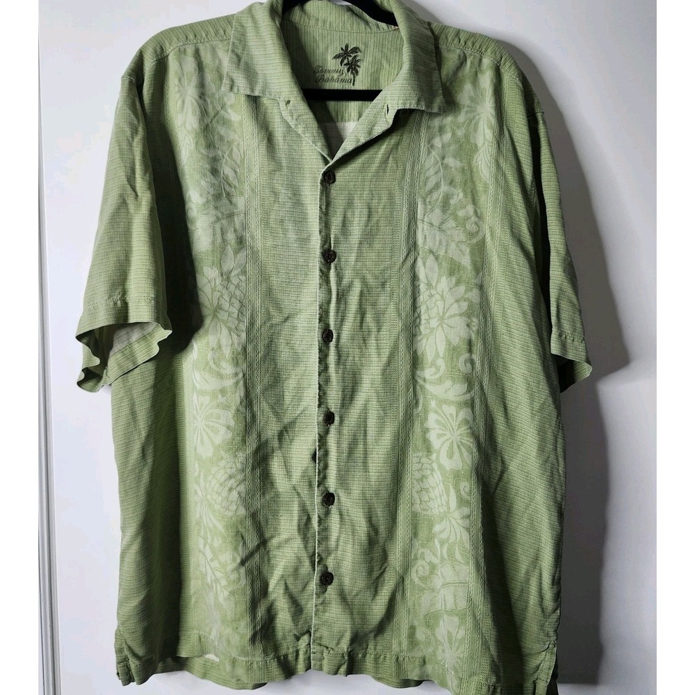 Tommy Bahama 100% Silk Mens Large Green Button Down Shirt Short Sleeve Vacation
